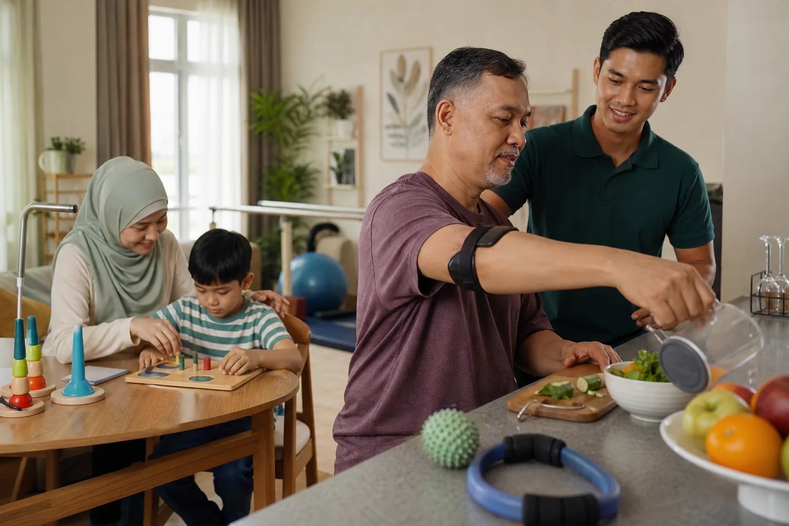 Occupational therapist helping Malaysian clients practise daily tasks for different conditions