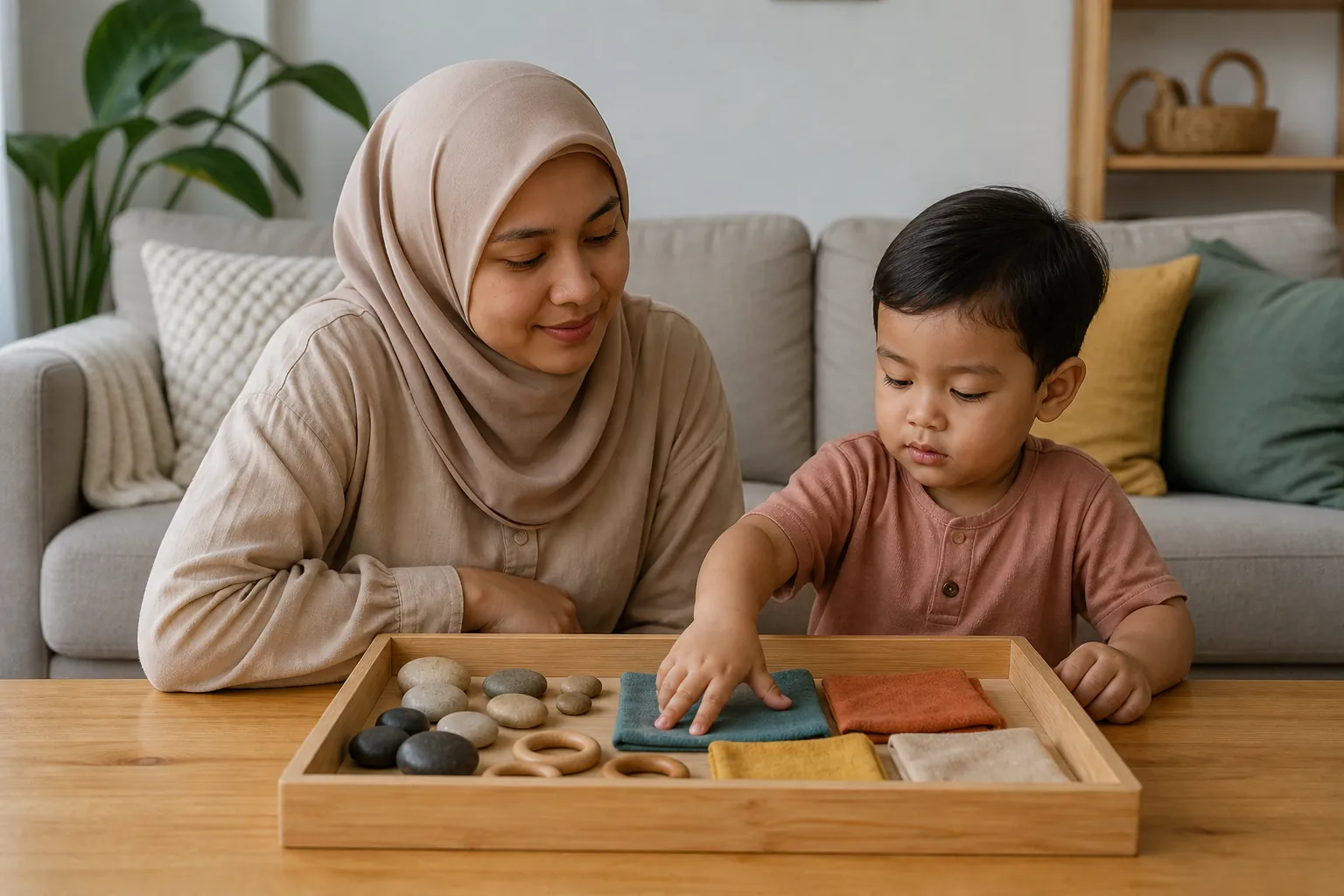 Kanak-kanak Malaysia melakukan aktiviti sensori yang tenang