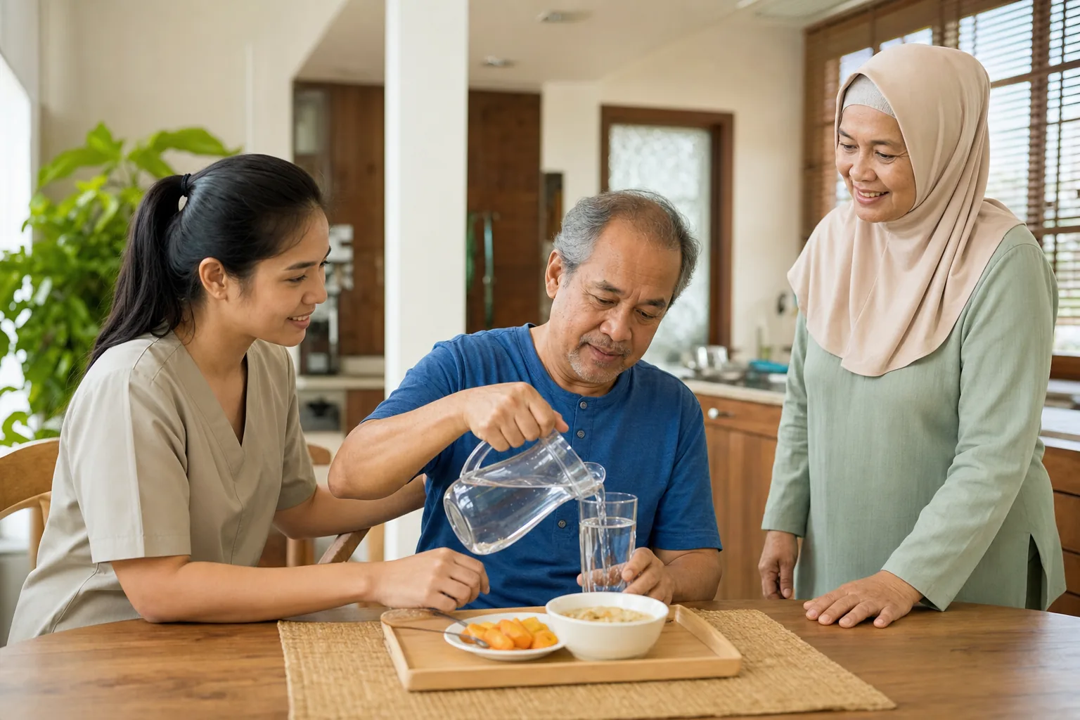 Adult practising a safe daily task after stroke with occupational therapist guidance