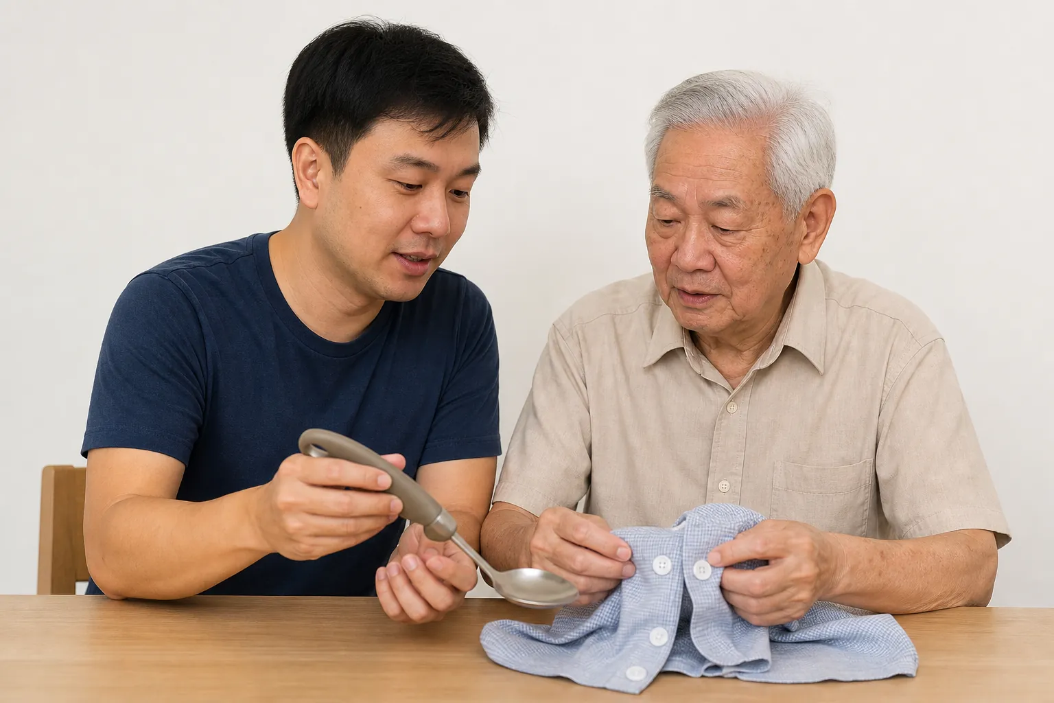 A Malaysian adult trying practical assistive equipment