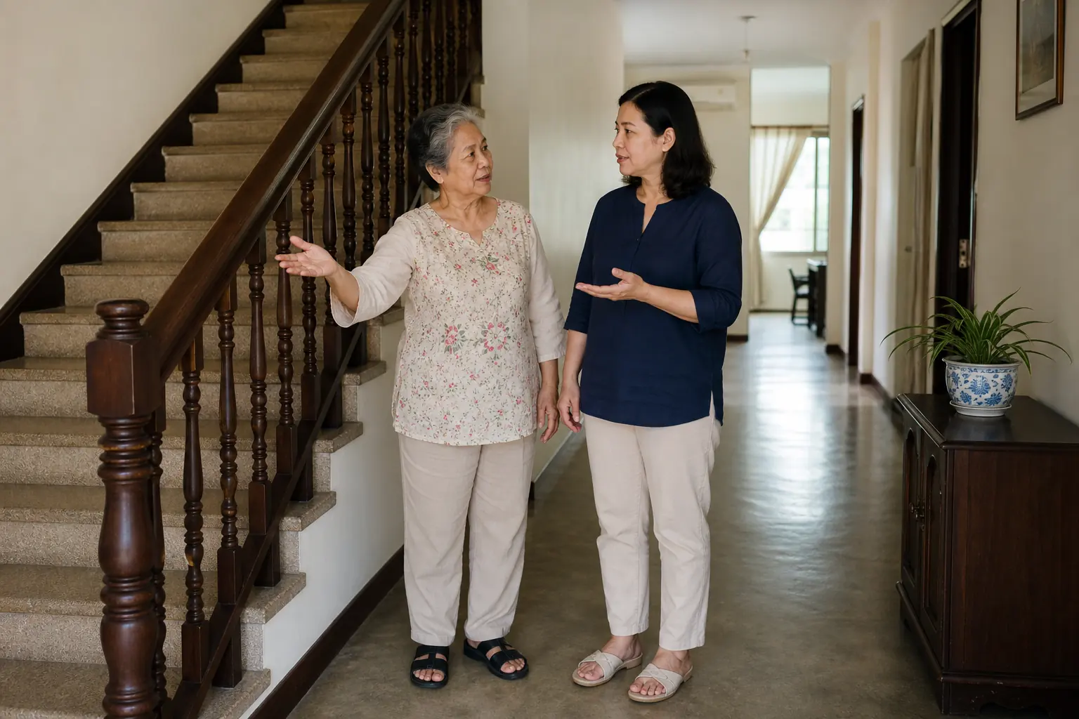 An older Malaysian woman and her daughter discussing a clear walking route at home