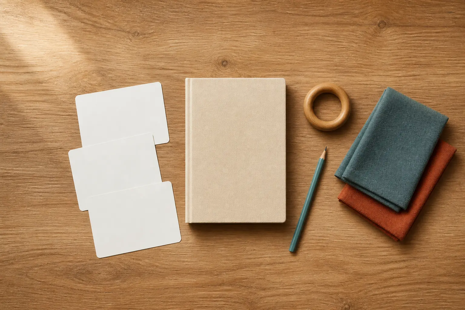 Flat lay of a blank notebook, activity cards and pencil used to plan practical daily-living routines in Malaysia