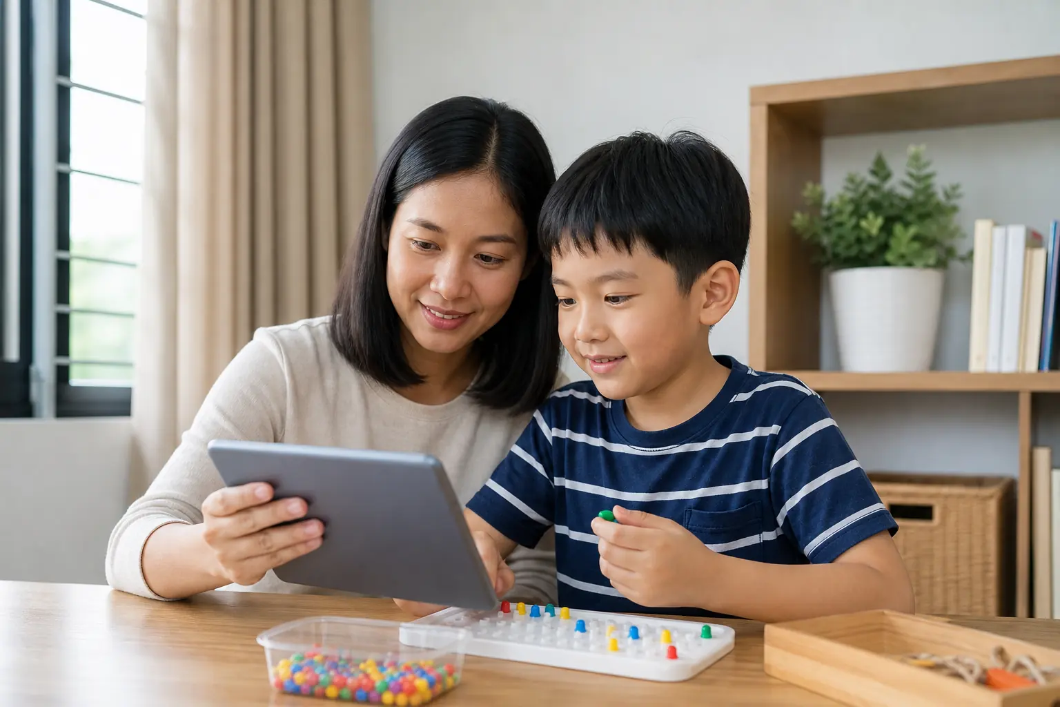 A parent and child using a tablet during a fine-motor activity