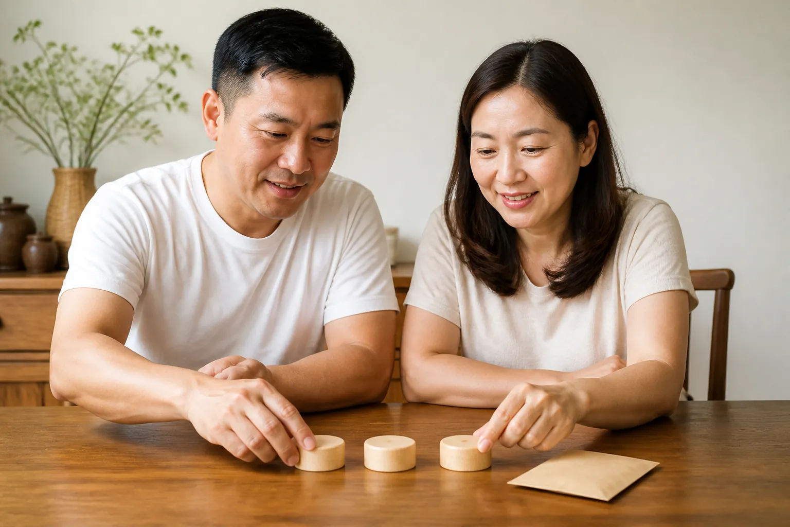 Two Malaysian adults reviewing occupational therapy costs with a tablet and notes