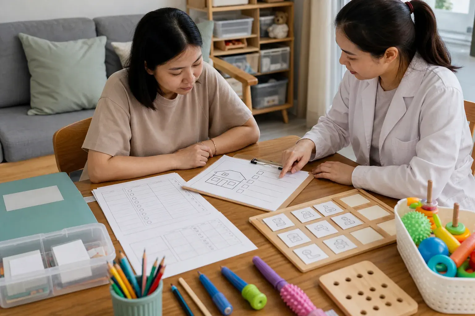 A family reviewing practical activity planning materials at a table