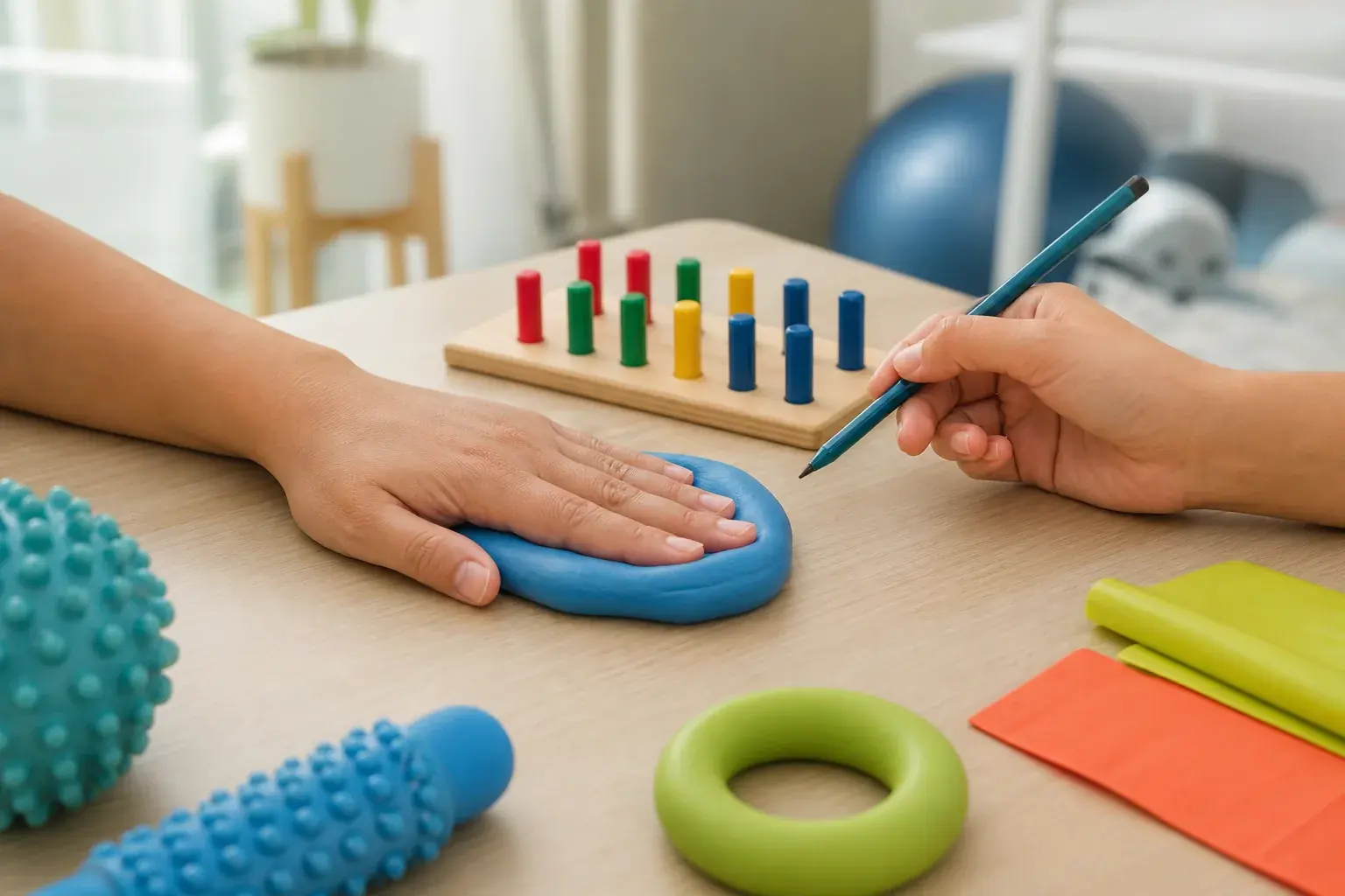 Hands practising grip and pinch tasks with therapy putty