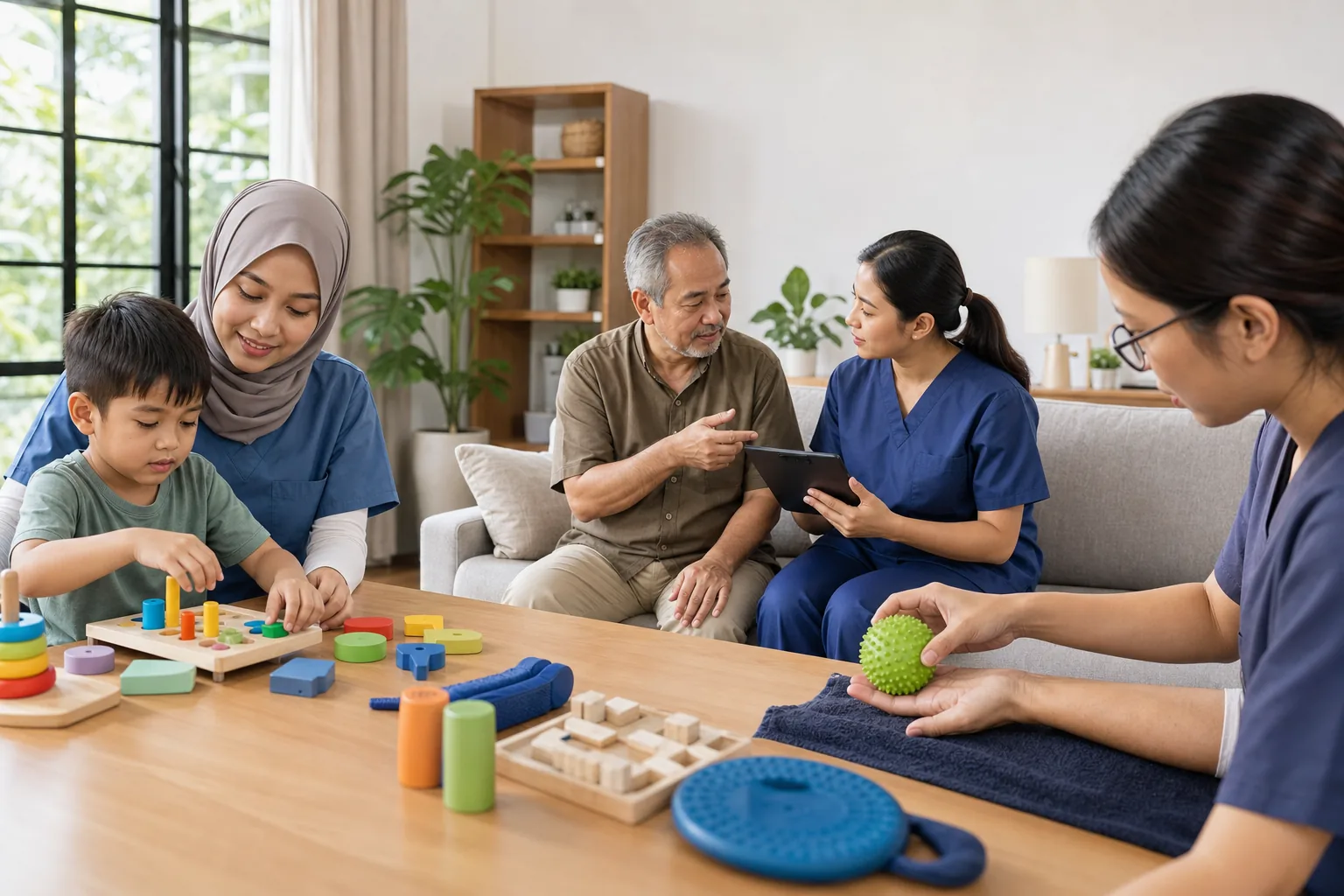 Occupational therapist supporting child play, hand therapy, and home safety activities in Malaysia
