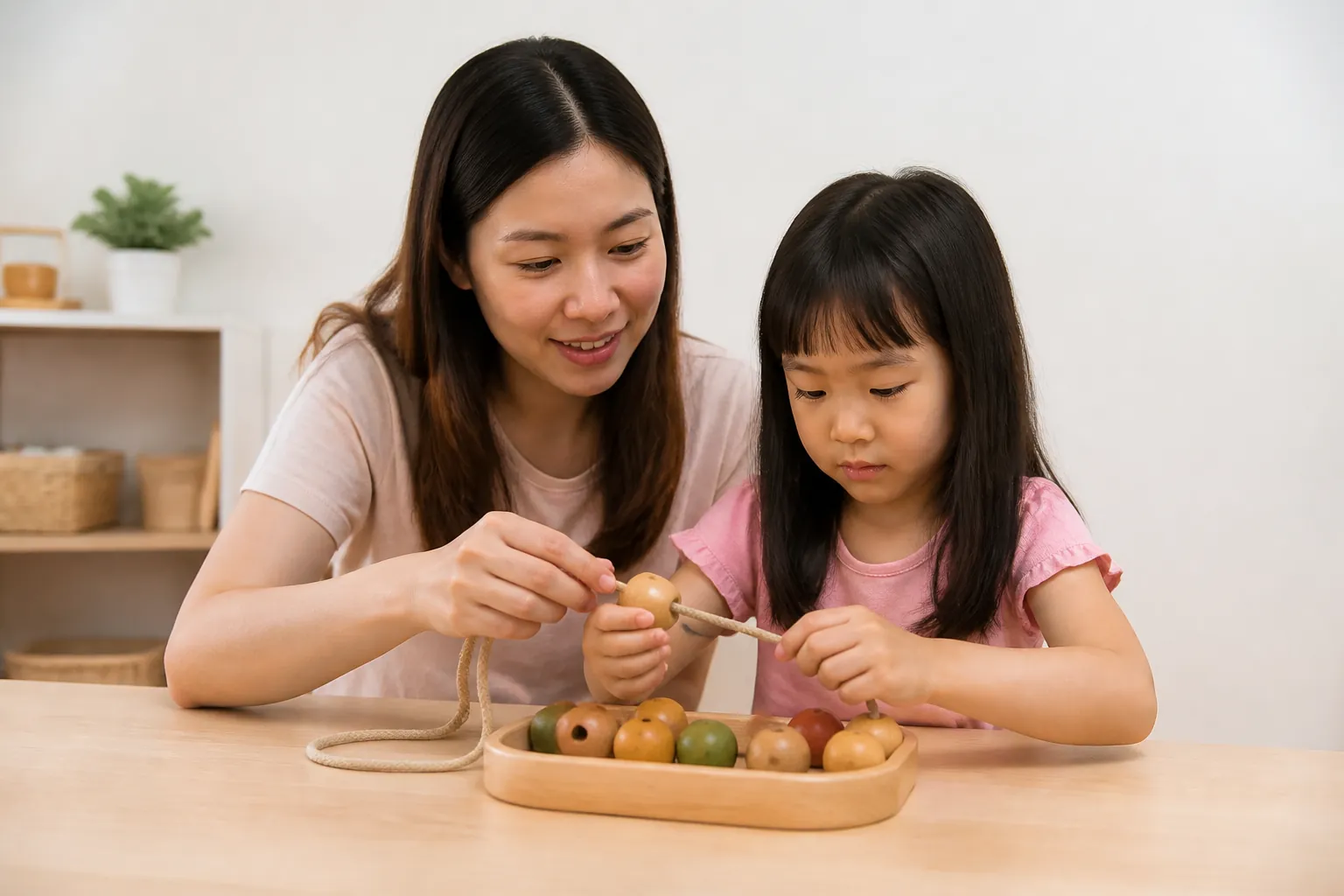 A child and parent taking part in a fine-motor play activity