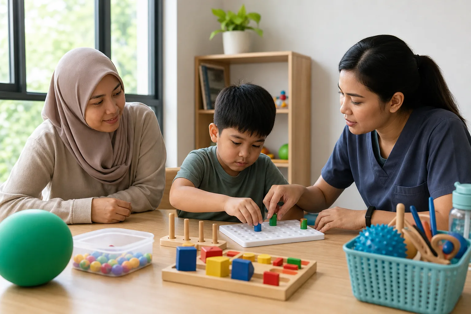Child practising fine-motor play with an occupational therapist and parent in Malaysia