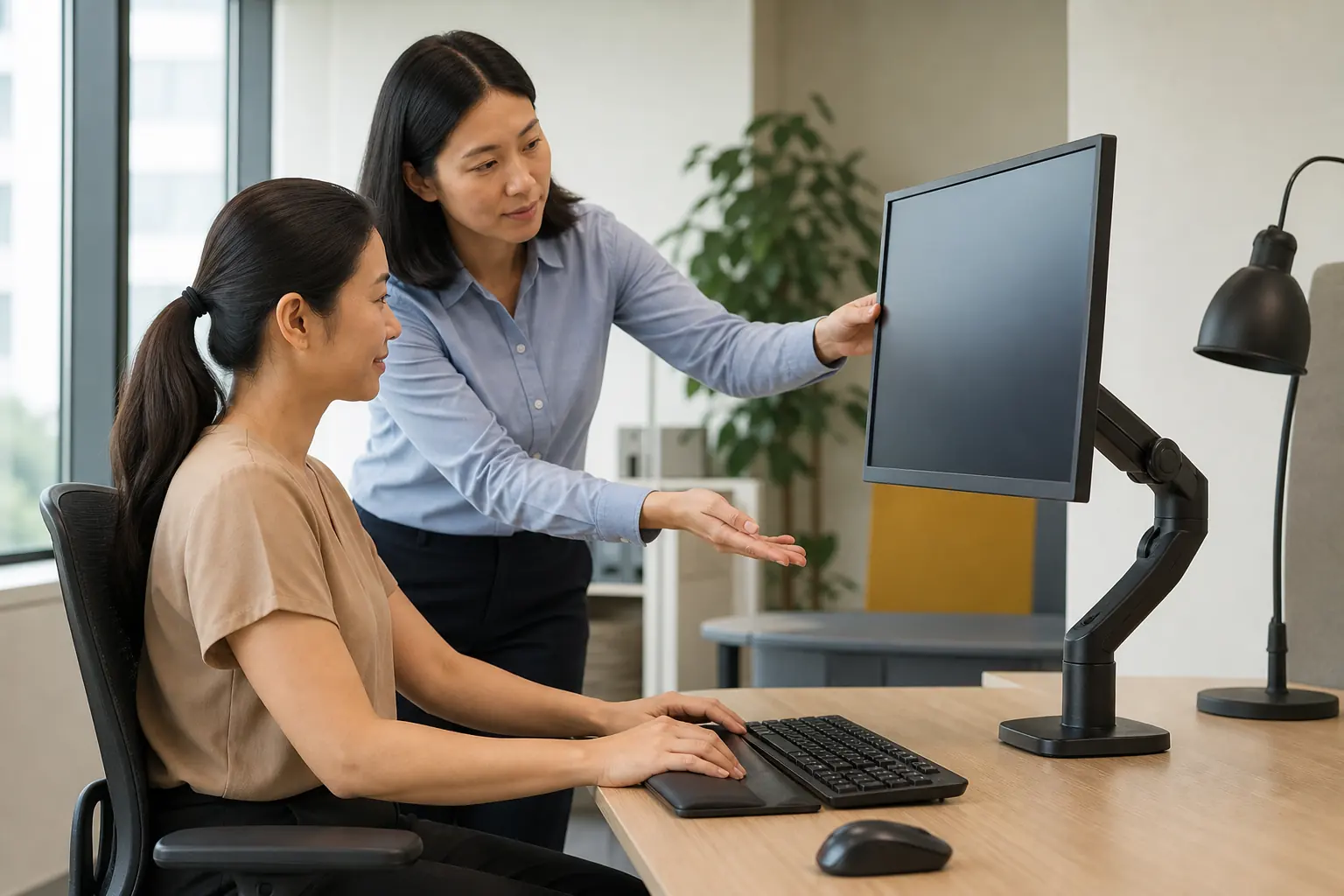 A Malaysian office worker adjusting a practical desk setup