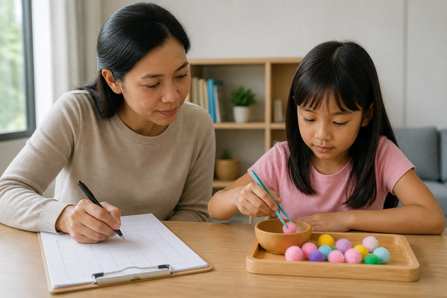 A parent observing a child complete a fine-motor activity