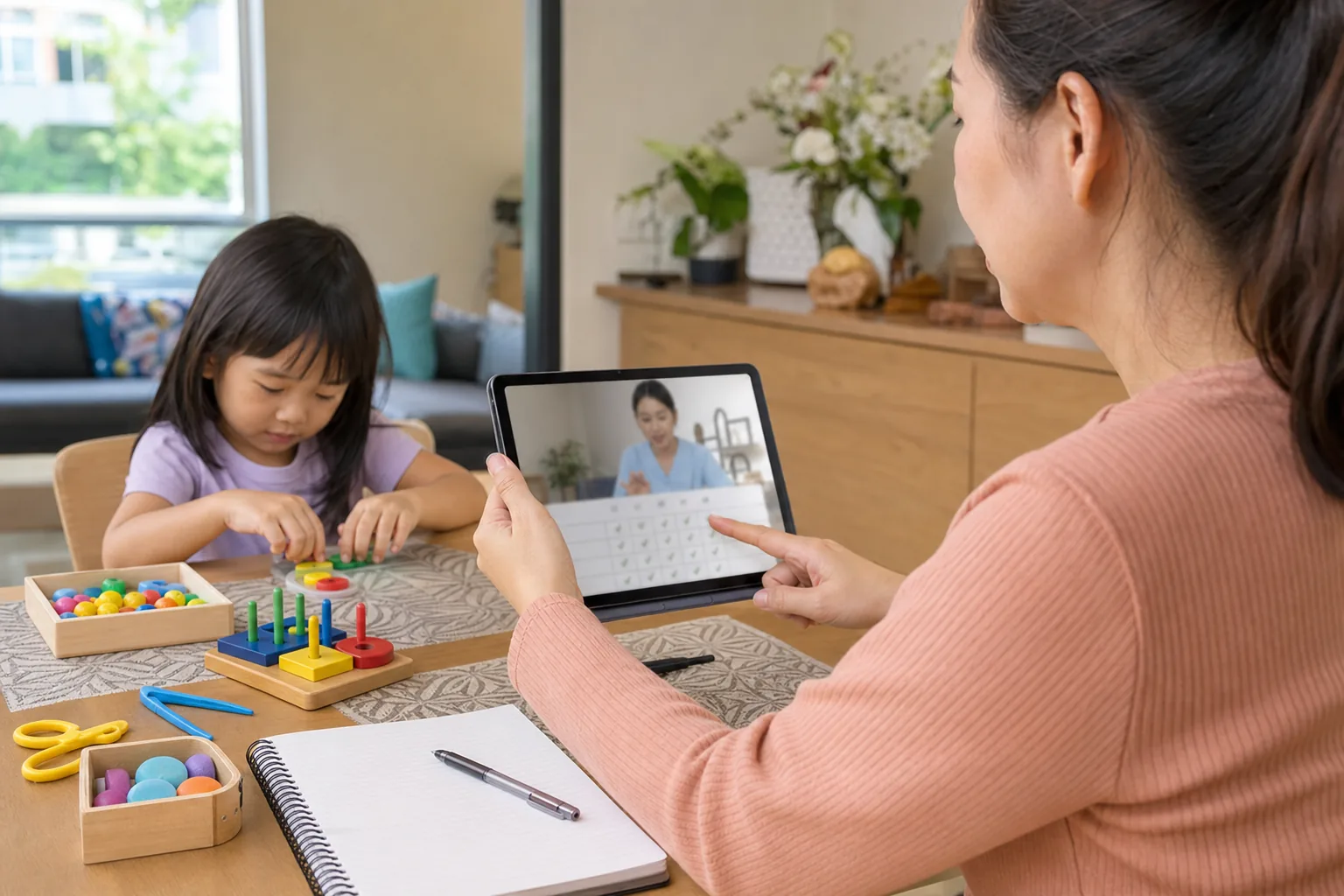 Parent using an occupational therapy self-assessment checklist while a child plays nearby