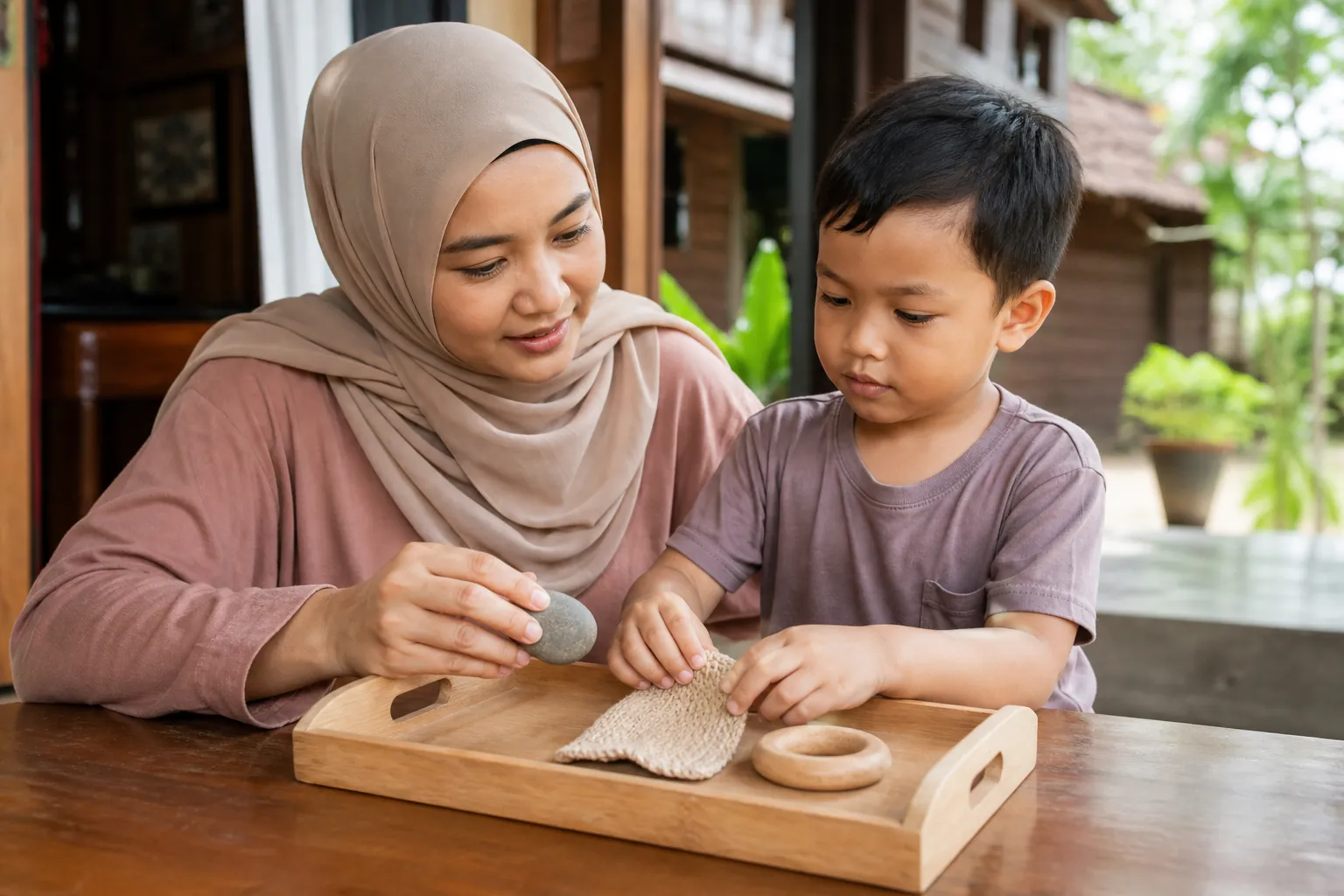 Ibu bapa Malaysia mencatat cara anak mengendalikan tekstur pakaian semasa pemerhatian saringan sensori di rumah